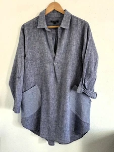 Top para mujer Cynthia túnica azul con parche con lengüeta enrollable bolsillo cambray Lagenlook XL - Imagen 1 de 8