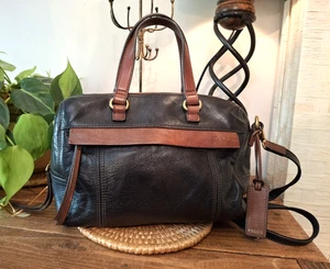 Vintage FOSSIL 1954 REAL LEATHER Crossbody SATCHEL Tote Bag Black Tan Small - Picture 1 of 18