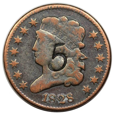 1828 Classic Head Half Cent, C-3, "5" counterstamp - Image 1 of 3