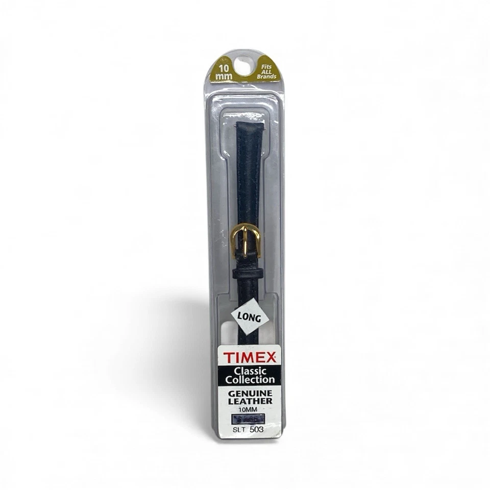 Correa de reloj Timex Classic Collection negra de 10 mm de cuero genuino larga con tono dorado Foto 1 de 4