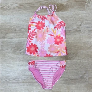 So Kohl’s Tankini 2 Piece Swimsuit Set Girl’s 7/8 Floral Tropical Pink Orange - Picture 1 of 5