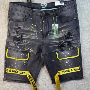 Rock Salt Shorts Men's 38 Faded Black Grunge Skater Paint Distressed Holes NEW - Picture 1 of 9