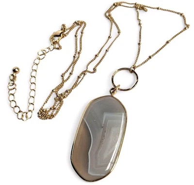 Agate Gemstone Pendant Gray Beige White Gold Tone Necklace Satellite Chain 22" - Image 1 of 4