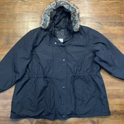 Chaqueta Parka Woman Within Talla Grande 4X Negra Piel Sintética Capucha Forro Extraíble Foto 1 de 4