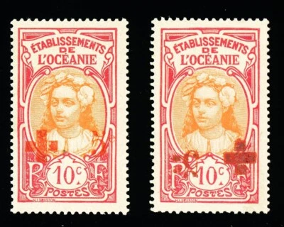 [FRENCH POLYNESIA] 1915 Pair: 5c on 10c B3a/B3b inverted surcharge (MNH/MH) - Image 1 of 2