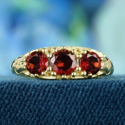 9K Yellow Gold Natural Garnet Vintage Style Three Stone Ring  - Image 1 of 4