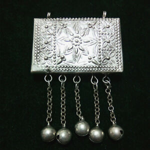 Chinese Retro traditional Handmade Miao silver bell tassels box necklace pendant