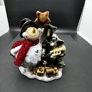Frosty Snowman & Christmas Tree w/Toys Ceramic Statue Tealight Candle Holder 8x7 - Picture 1 of 10