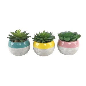 Flora Bunda Artificial Succulent in Two tone lines pattern ceramic pot ,Teal - Picture 1 of 11