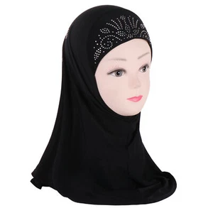 Muslim Kids Girls Rhinestone Headscarf Wrap Shawl Amira One Piece Scarf Hat 3-7Y - Picture 1 of 22