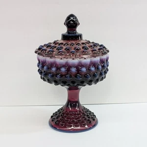 Vintage Fenton Plum Hobnail Opalescente Coperto Piatto Caramelle Piedi Composta Vetro - Foto 1 di 16