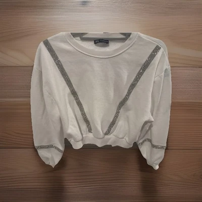 Sudadera ZARA Mujer Crema Recortada Estrás Cuentas Nueva Talla S Foto 1 de 4