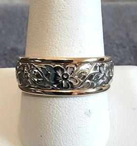14k Yellow and White Gold ArtCarved Vintage Men's Floral Wedding Band 7.3 gm - Picture 1 of 7