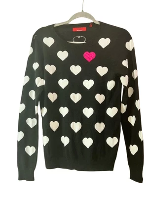 Saks Fifth Ave Black/White Heart Sweater Crew Neck Long Sleeve Soft Knit NWT M - Image 1 of 4