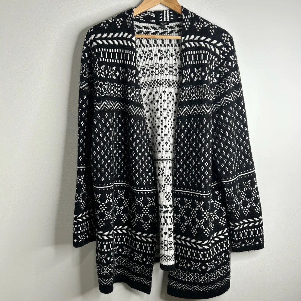 Cárdigan Suéter Talbots Para Mujer 1X (XL) Negro Blanco Fair Isle Tejido Frente Abierto Foto 1 de 4