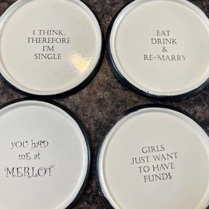 Enamel Coasters For The Afternoon Cocktails With Script Writing On Each - Picture 1 of 6