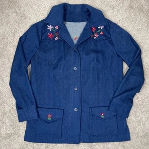 Handmade Denim Jacket Womens M Blue Embroidered Floral Chore Western Country 70s - Picture 1 of 10