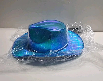Blue Iridescent Light Up Cowboy Cowgirl Hat with Bright Blue LED Wire Lights - Image 1 of 4