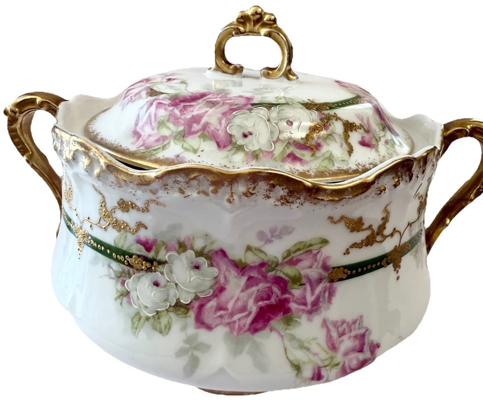 ATQ Coronet Limoges Porcelana 8.5” Tazón con Tapa Floral con Dorado Dorado, c1906-1920’s Foto 1 de 4