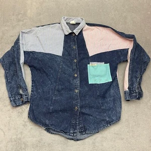 Vtg Traffic Denim Patchwork Long Sleeve Button Up Shirt Womens Size Fits All - Picture 1 of 9