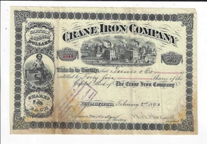 PENNSYLVANIA 1893 Crane Iron Company Stock Certificate - Picture 1 of 2
