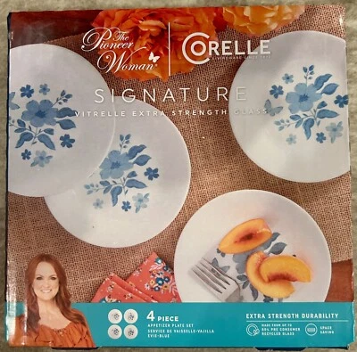 THE PIONEER WOMAN 4 PC APPETIZER PLATE SET BY CORELLE EVIE BLUE FREE SHIPPING - Image 1 of 4