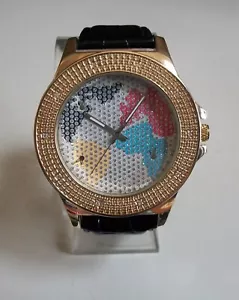 Men's World Map Casual Gold Finish Black Leather Band Fashion Hip Hop Watch - Picture 1 of 6
