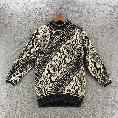 Suéter de malha vintage Gil Aimbez paisley feminino S bege preto manga longa pulôver - Imagem 1 de 4