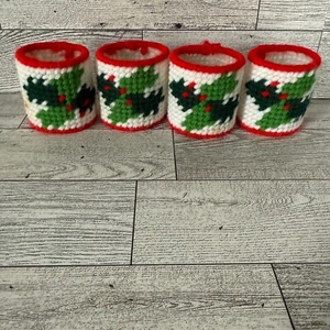 Vintage Christmas Napkin Rings Handmade Plastic Canvas Needlepoint Holly (4) - Picture 1 of 10