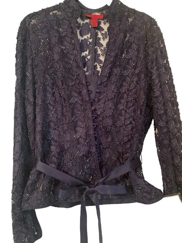 JS Collection Ladies 2 Pc Navy Lace Beaded Appliqué Jacket W/ Satin Tank Size 10 - Image 1 of 4