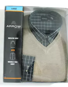 ARROW~Long Sleeve Blue Plaid Shirt & Tan V-Neck Vest Sz Large New in Sealed Box - Picture 1 of 6