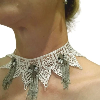 Lace Choker Ivory Wedding Steampunk Fairygoth Bohemian Festival Glam Beaded NEW - Image 1 of 4
