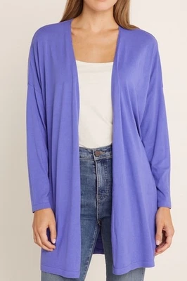 Cárdigan largo abierto 100 % seda Chicos Topper talla 2 grande púrpura manga 3/4 informal Foto 1 de 4