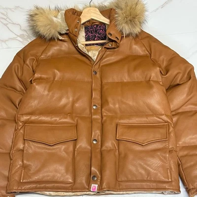 A Bathing Ape Bape Cow Leather Down Jacket Brown L Removable Fur Mens - Image 1 of 4