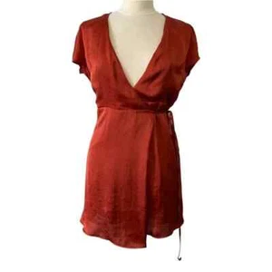 Urban Outfitters Red Rust Beau Satin Short Sleeve Wrap Dress Small - Picture 1 of 7