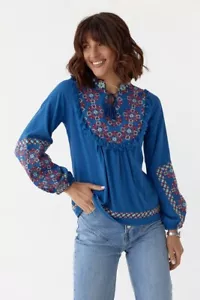 New Folk Nouveau Embroidered Blouse, Summer Vyshyvanka with Tussels - Picture 1 of 3
