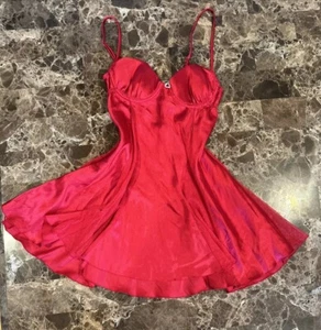 Vintage Delicates Satin Silky Dessous Kleid Slip Shiny Satin Rot Süß XS Sexy - Bild 1 von 20