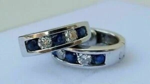 Beautiful 1Ct Lab Created Sapphire Huggie Hoop Earrings 14K White Gold Finish - Picture 1 of 4