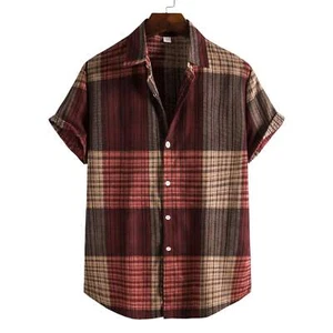 Printed Casual Men's Short-sleeved Shirt Lapel Slim Fit Cotton Blend Plaid Cardi - Picture 1 of 3