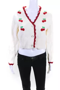 Cider Womens Button Front Argyle Knit Cherry Cardigan Sweater White Red Small - Picture 1 of 4