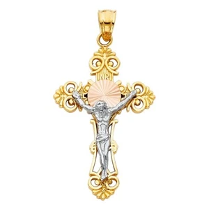 14K Genuine 3 Tone Gold Jesus Crucifix Cross Religious Pendant 3.3 gr - Picture 1 of 2