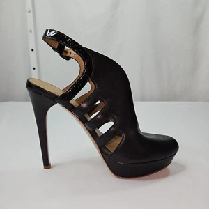 Womens Elie Tahari $385 Black Leather Sandals 37.5 / 7.5 Leather High Heel Shoes - Picture 1 of 7