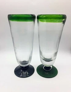 Hand Blown 8.25" Tall Sundae Style Drink Glasses Green Pedestal and Rim Set of 2 - Picture 1 of 8