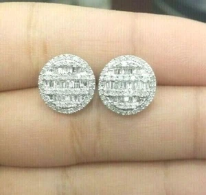 DEAL! 0.90CTW NATURAL ROUND BAGUETTES DIAMOND CLUSTER STUD EARRINGS 11.6MM - Picture 1 of 6