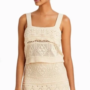 NWT Lucy Paris Beige Chunky Knit Crochet Lace Crop Top Square Neck Tank Top Tee - Picture 1 of 3