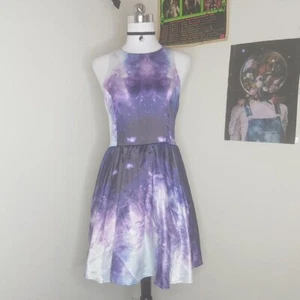 ALLY FASHION Purple Galaxy Print Tulle Underlay Sleeveless Mini Dress 12 - Picture 1 of 4