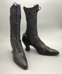 Antiguas botas victorianas de tacón alto con cordones de cuero negro tela jacquard - Imagen 1 de 14