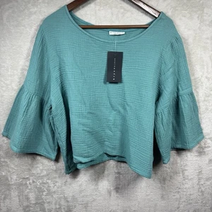 BRYN WALKER NEW Top S Frida Texture Cotton Gauze Cropped 3/4 Bell Sleeve Green - Picture 1 of 9