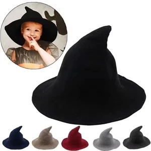 Halloween Witch Hat Knitted Wool Wizard Hat Wide Brim Witche Cap Cosplay Costume - Picture 1 of 11