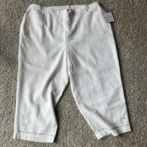 NWT Sag Harbor Woman Linen Crop Pants Size 20W Beadwork Embroidery Cream R11 - Picture 1 of 9